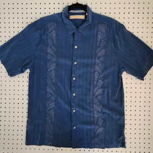 Tommy Bahama Men Large Blue Paniolo Panel Silk Embroidered Camp Shirt Tropical